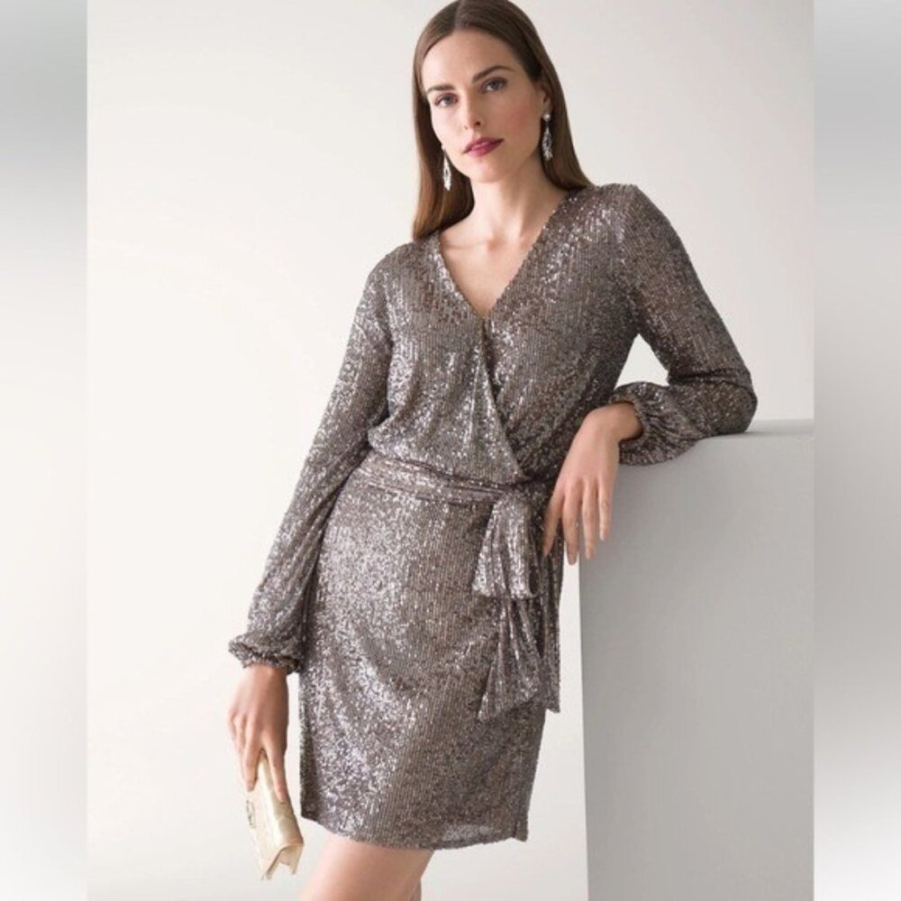 White House Black Market Long Sleeve Sequin Surplice Dress Small Metallic